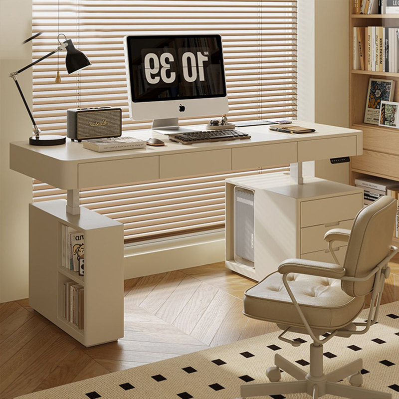 Bureau rectangulaire en bois manufacturé blanc + acier avec 4 tiroirs, H 54,33 po x l 70,87 po x P 27,56 po, Retour à droite