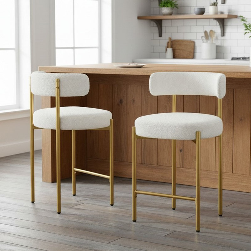 Tabouret de comptoir à dossier bas 24 po Najira, 2, Doré, Cream White Polyester