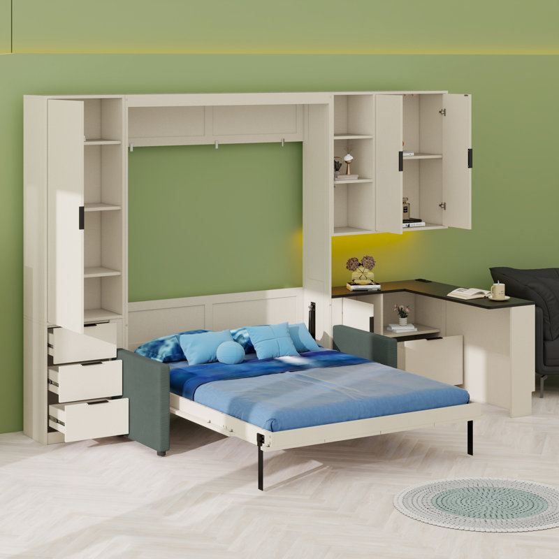 Lit escamotable avec rangement hydraulique, canapé, tablettes et tiroirs, éclairage DEL / USB, Beige/vert