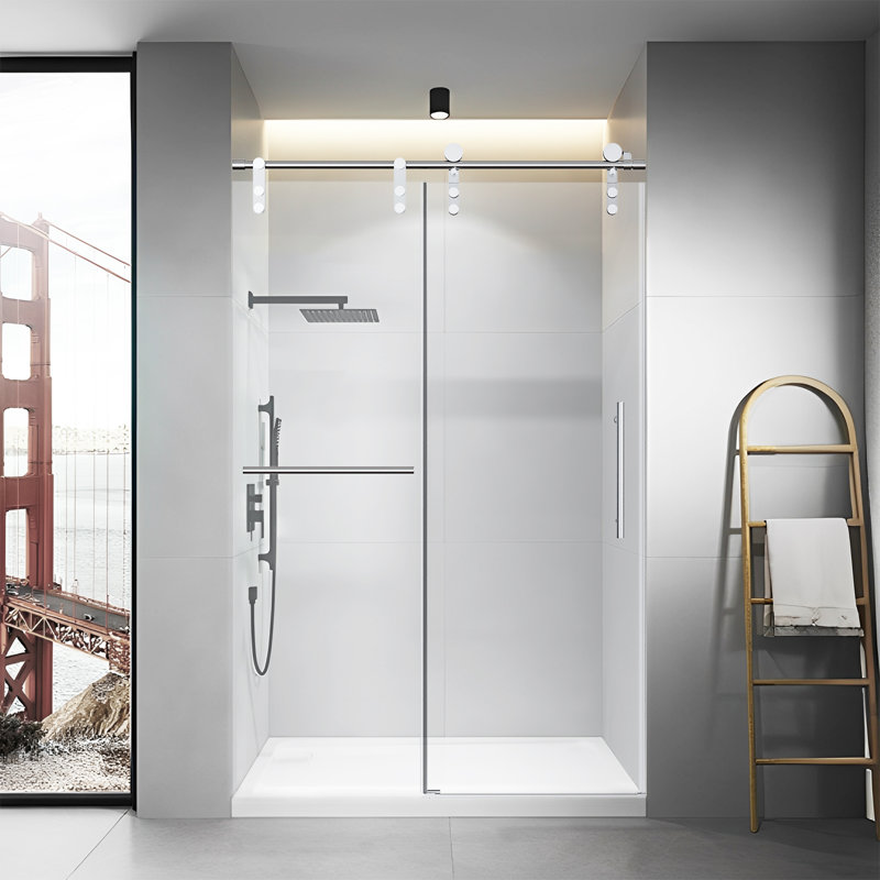 46-48" W * 76" H Frameless Single Sliding Shower Doors Without Soft-close, Bathroom Sliding Shower Door With Towel Rail And Auxiliary Handle, 5/16" (8mm) Thick Sgcc Tempered Glass Door, Chrome