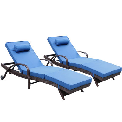 Set of 2 Outdoor Wicker Chaise Lounge Chair with Adjustable 6 Position Backrest, Wheels, Thickened Cushion & Pillow