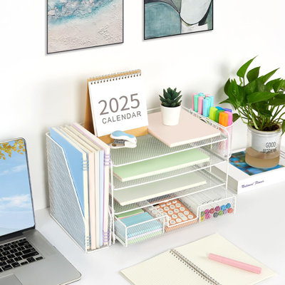 Paper Letter Tray Organizer With File Holder, 4-Tier Desk Accessories With Drawer And 2 Pen Holders