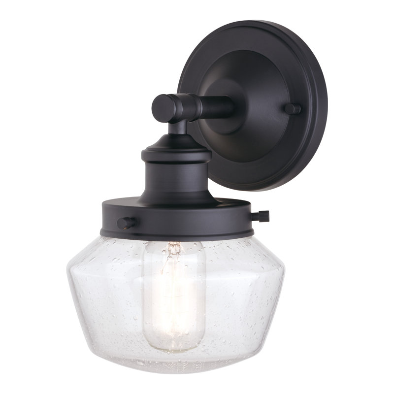 Enmore 9.5 in. H 1-Light Matte Black Farmhouse Outdoor Wall Sconce made of Durable Steel, Clear Seeded Glass Shade, LED Compatible, Use for Exterior Porch Patio Front Door or Garage