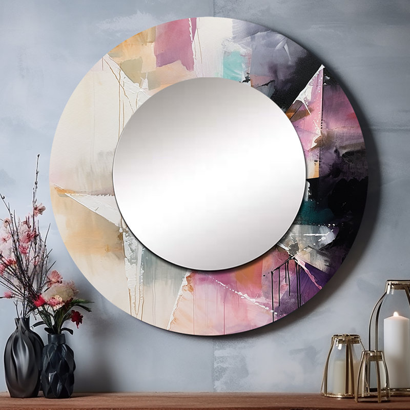 Perscilla mauve, langue des lignes II - grand miroir mural géométrique, miroir rond mauve unique, impression sur métal