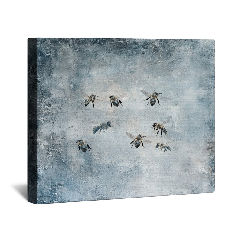 «Flying Bees» sur toile tendue en toile bleue dans de nombreuses tailles, 16 po x 16 po