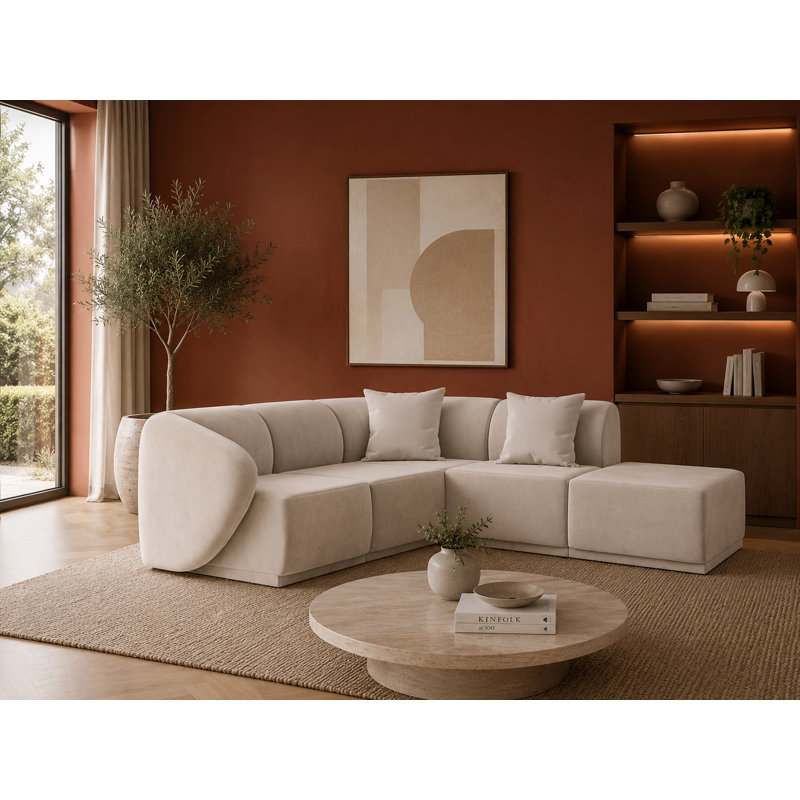 5 Seater Velvet Sofa & Chaise, Beige Velvet, Right Hand Facing