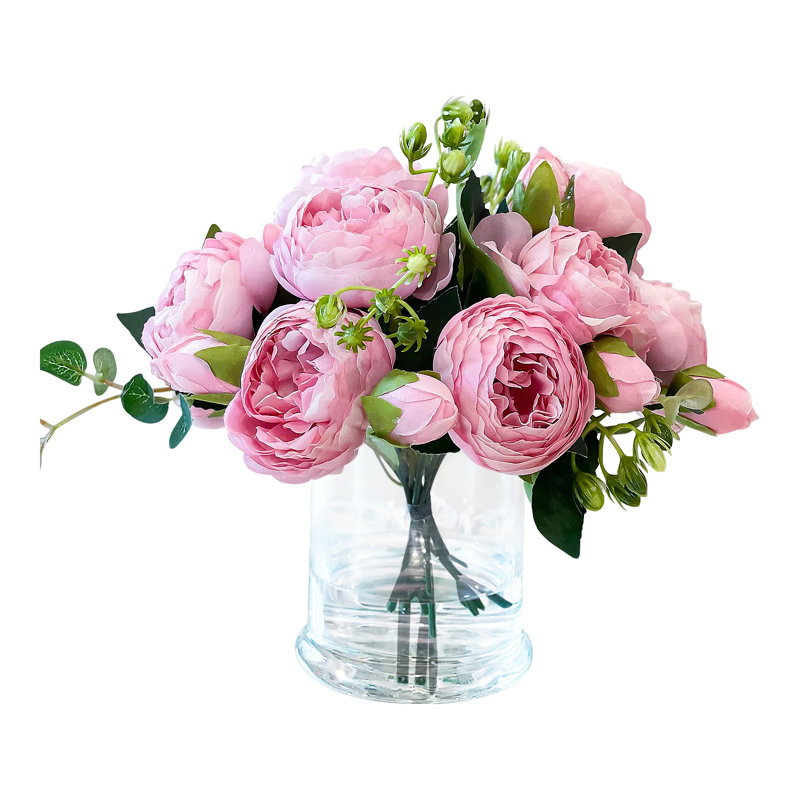 Silk Peonies In Glass Vase Arrangement, Sweet Pink