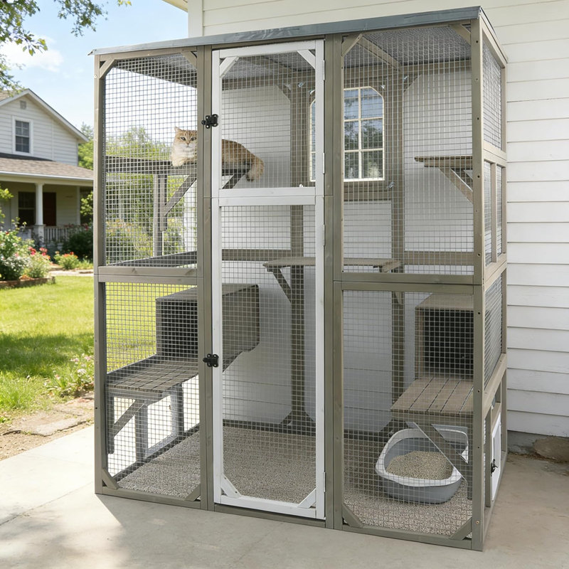 Enclos extérieur pour chats de 172 cm de haut avec toit étanche, plateformes à plusieurs niveaux et accès par fenêtre
