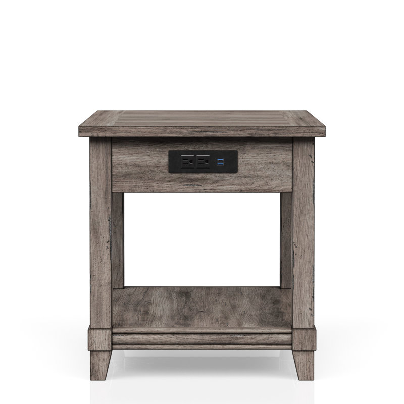 Rustic Gray End Table With Storage And Charging Setup 24.01 In. Wide Facility