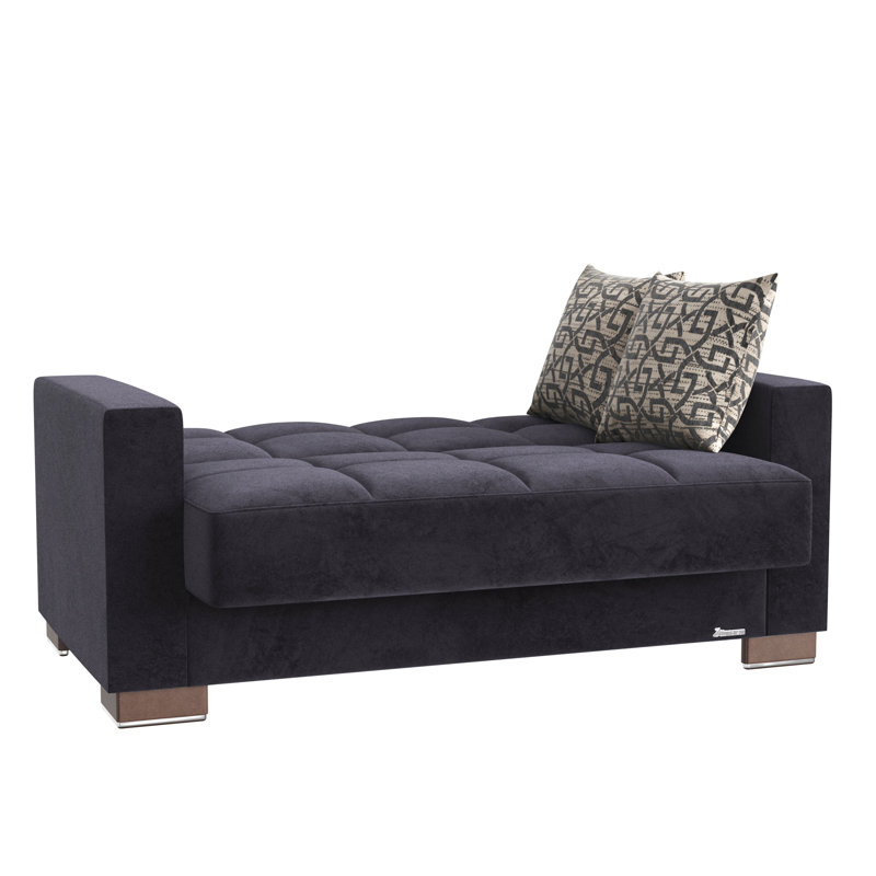 Causeuse convertible rembourrée avec rangement pour chambre à coucher, microfibre, Microfibre noire / microsuède