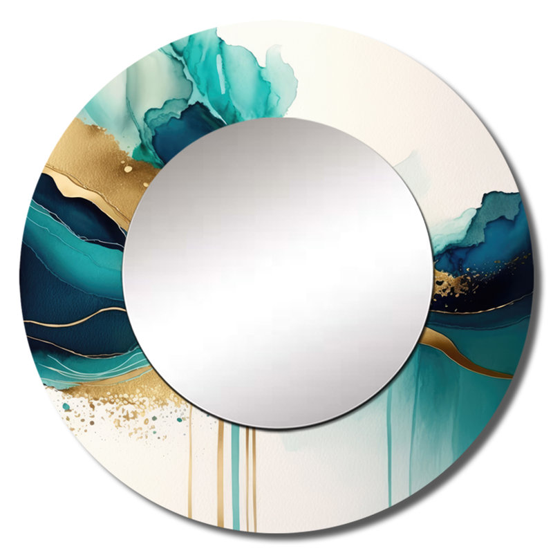 Orenthal Teal And Gold Abstract Expression II - Liquid Ink Wall Mirror, Turquoise Round Decorative Mirror, Printed Metal Art