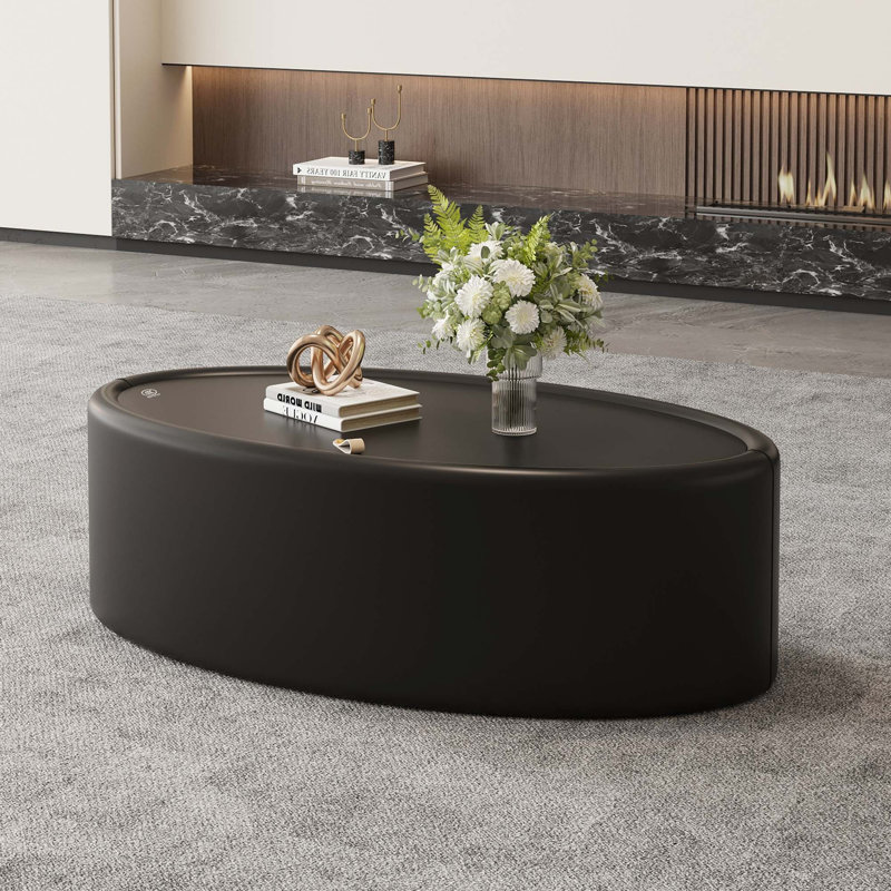 Table basse moderne ovale avec rangement caché et plateau en verre trempé, Black