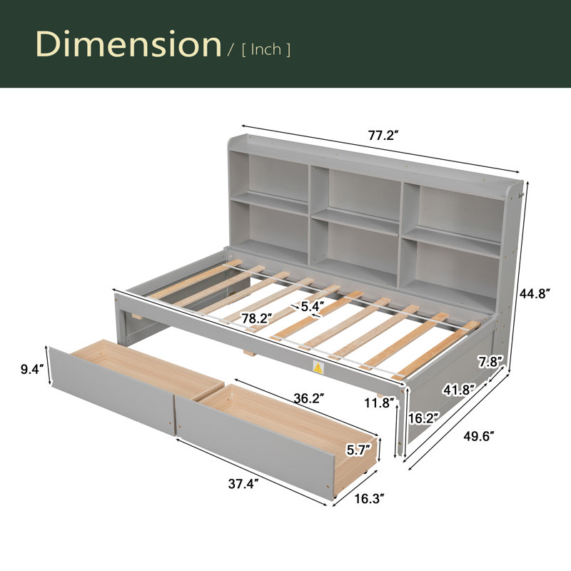 Bed With Side Bookcase, Drawers, Twin, Gray