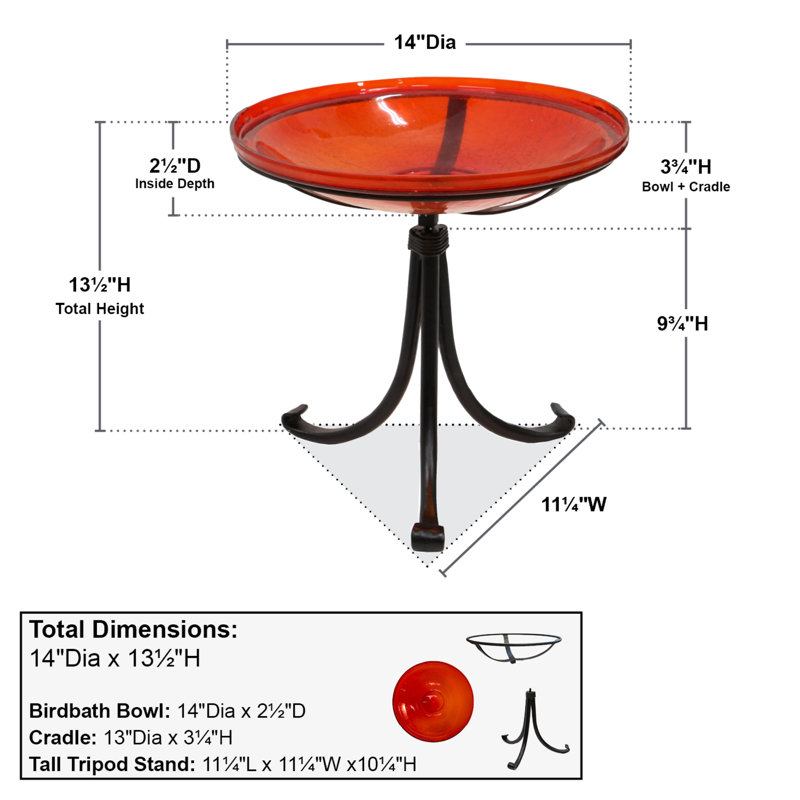 14" Red Crackle Glass Birdbath with Wrought Iron Tripod Stand