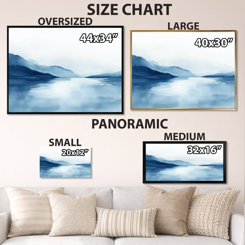 Cool Blue Shoreline I - paysage bleu, art sur toile, H 34 po x l 44 po, Cadre flottant brun