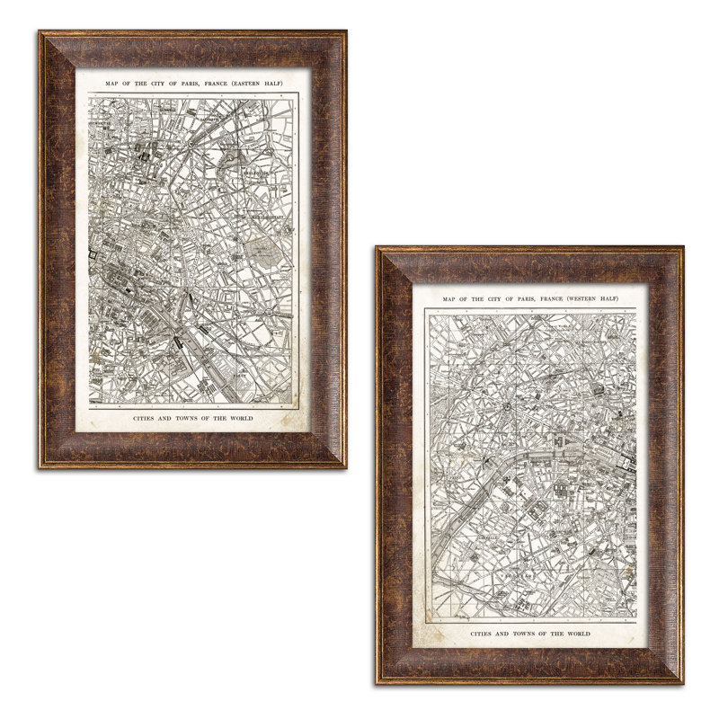 «Old Fashioned Paris France City and Street Map», ensemble de 2 reproductions d'impressions, H 18 po x l 12 po x P 0,75 po