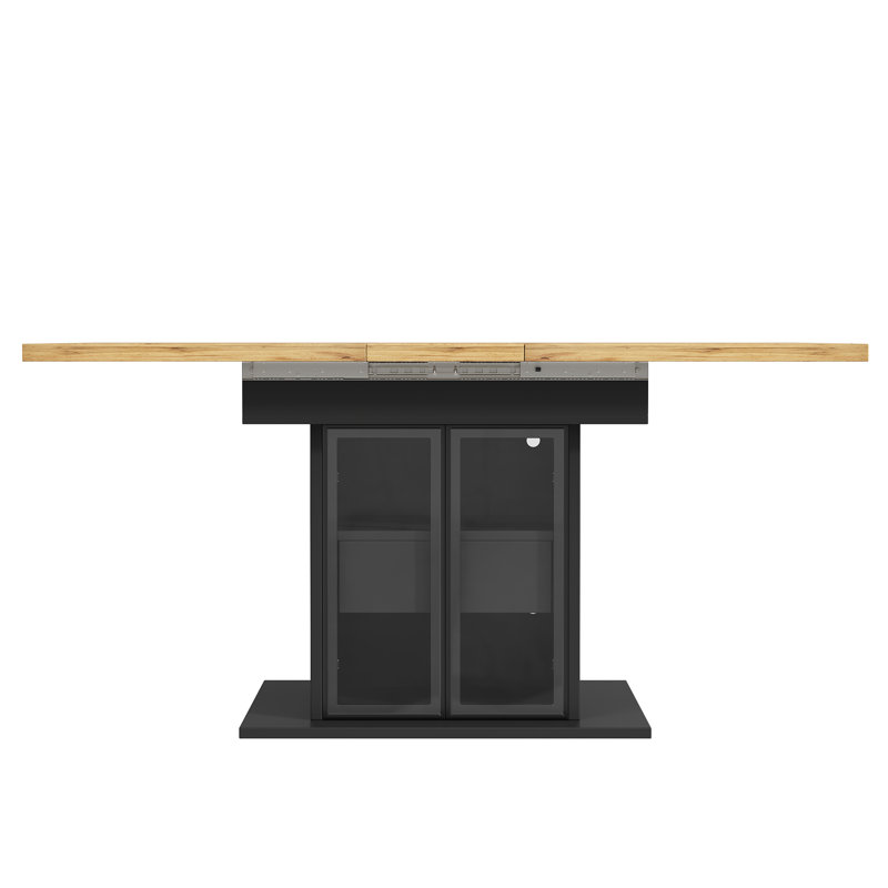 Extendable dining table 110–140cm with 2 doors, 2 drawers and LED Light black, Black