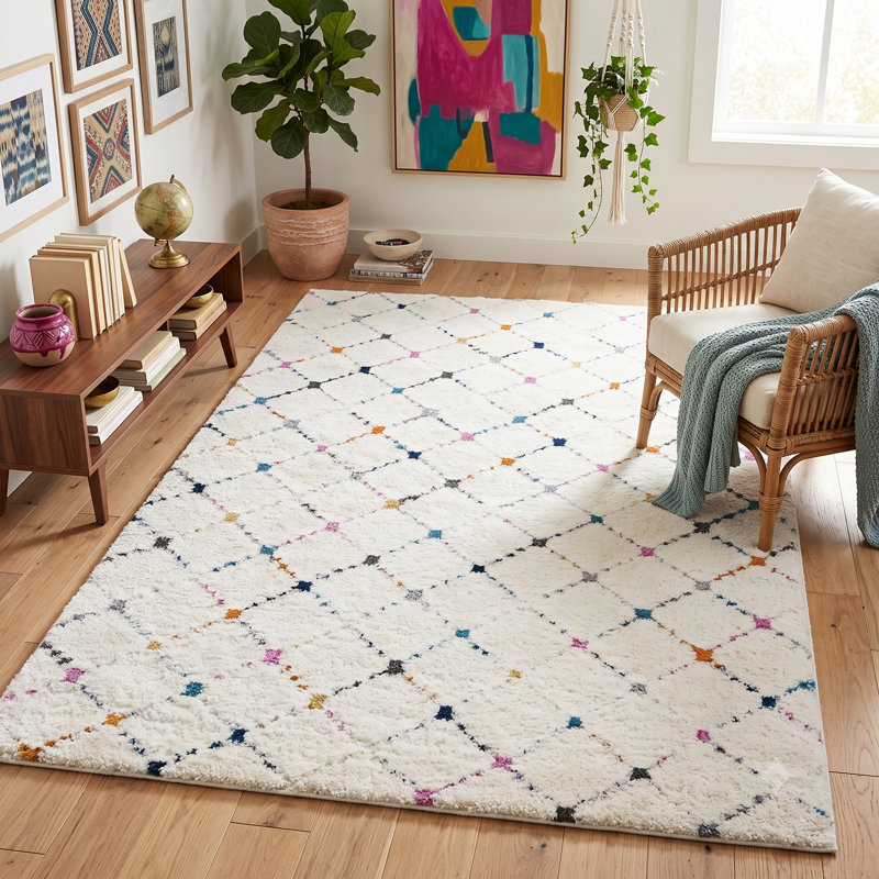 Tapis géométrique ivoire / bleu / vert Barden, Rectangle 3 pi 11 po x 5 pi 7 po