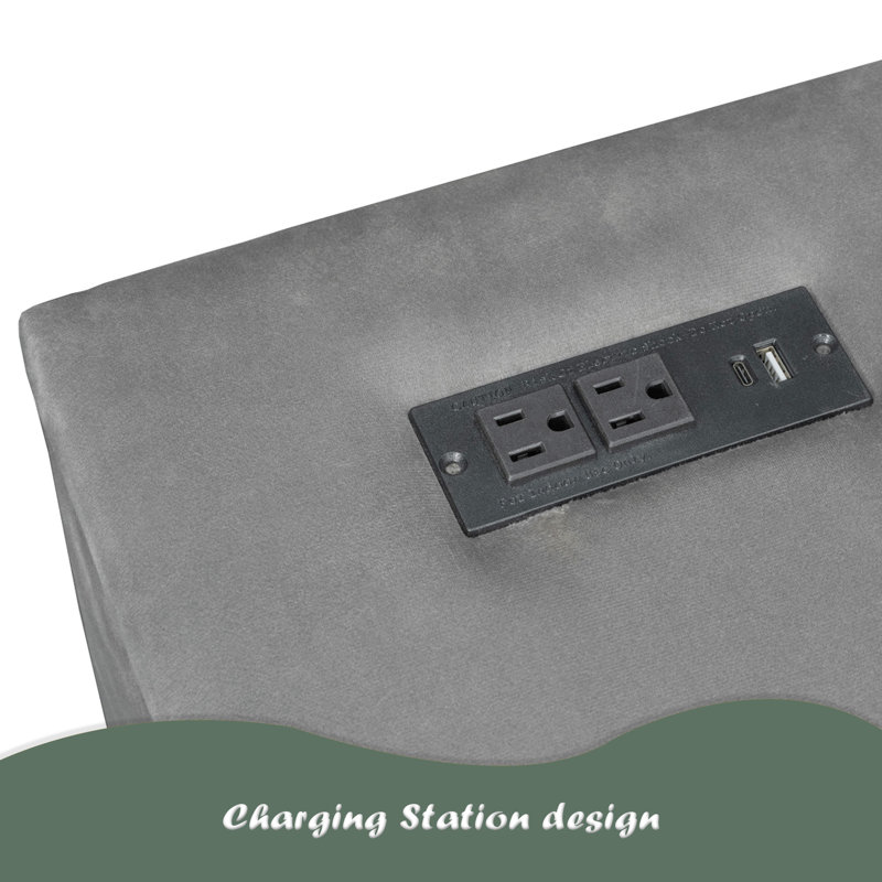 Full Size Upholstered Platform Bed With Storage Shelves, Desk, Charging Station And Trundle, Gray