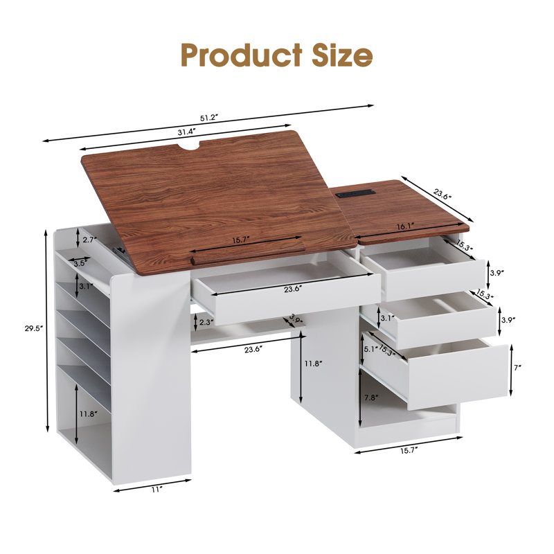 Table à dessin réglable avec rangement et tablettes amovibles, table de travail multifonctionnelle avec planche à dessin inclinable de 0 ° à 80 ° et station de charge pour dessiner, fabriquer, lire et travailler