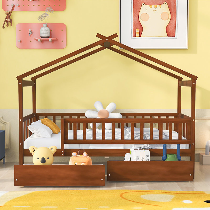 Lit plateforme avec rangement Daucourt, Lit simple, Noyer