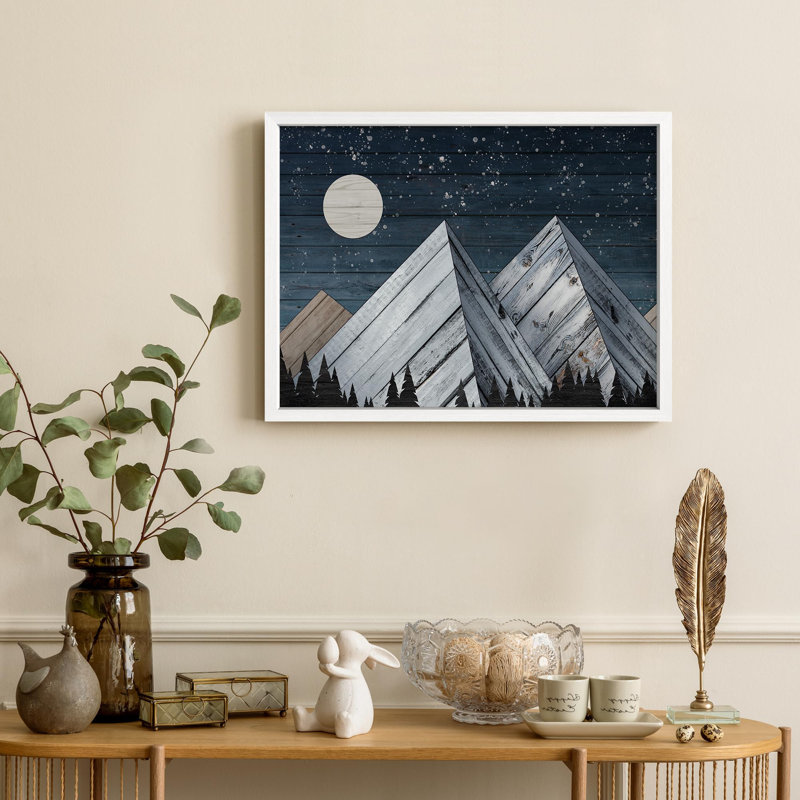 Montagnes bleues en bois sous les étoiles, Illustration moderne, petit décor, œuvre d'art moderne, Blanc, H 12 po x l 16 po