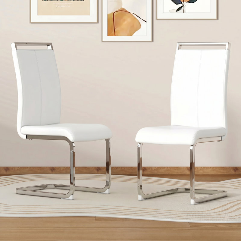 Modern Faux Leather Cantilever Dining Chairs with Chrome Base and Metal Handles (Set of 2), White