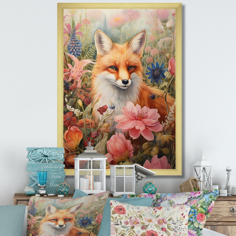 Mignon renard orange dans un champ de fleurs, H 20 po x l 12 po x P 1 po, Encadrement doré