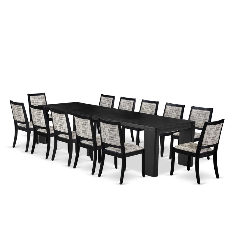 13-piece Xtenczar Dining Table Set a Rectangular Kitchen Table and 12 White & Grey Pattern Faux Leather Stackable Chair, Wire Brushed Black Finish.