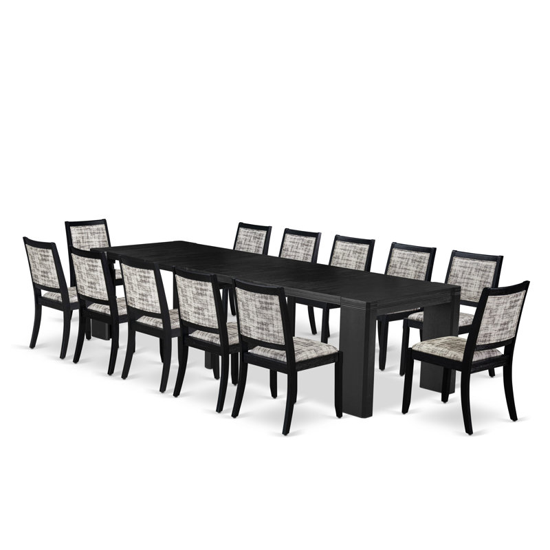 Ensemble de table de salle à manger 13 pièces Xtenczar comprenant une table de cuisine rectangulaire et 12 chaises empilables en similicuir à motif blanc et gris, finition noire brossée.