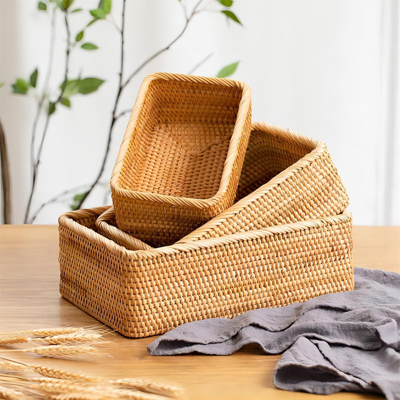 Rattan Storage Baskets, Wicker Baskets For Organizing, Hand Woven Fruit Basket, Decorative Baskets For Kitchen Counter, Living Room, Bathroom, Set Of 3