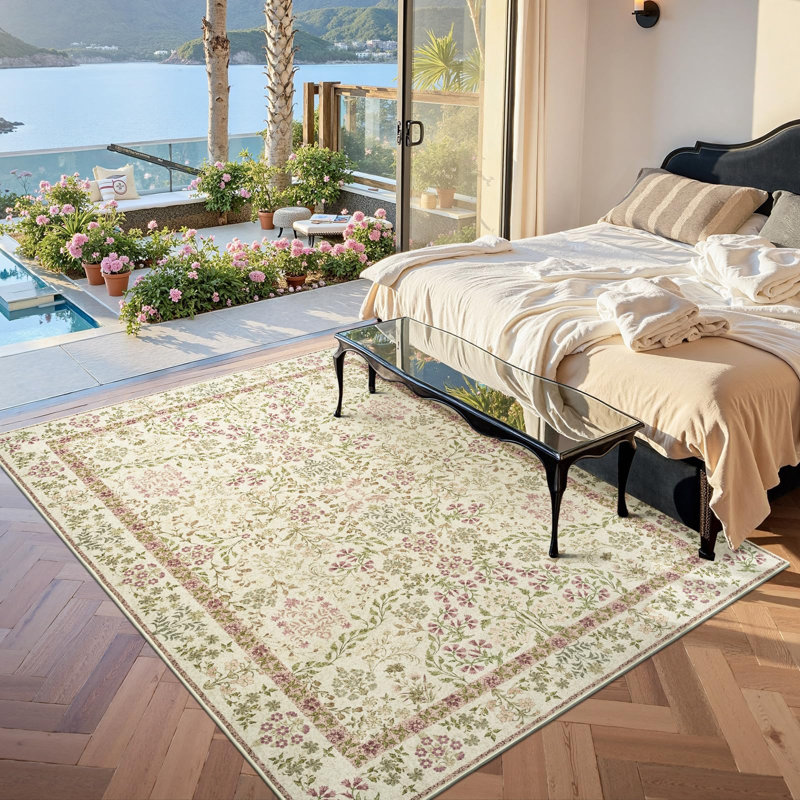 Floral Machine Washable Area Rug, Rectangle 5' x 7'