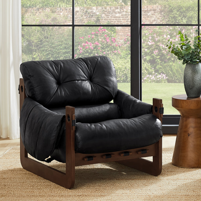 Esmiralda 35.83'' W Tufted Genuine Leather Accent Leisure Lounge Chair, Armchair, Black