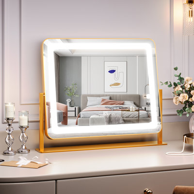 Miroir de maquillage éclairé pour meuble-lavabo de table, éclairage à DEL à intensité variable 3 couleurs, commande à écran tactile, rotatif à 360 °, base antidérapante pour chambre à coucher et coiffeuse