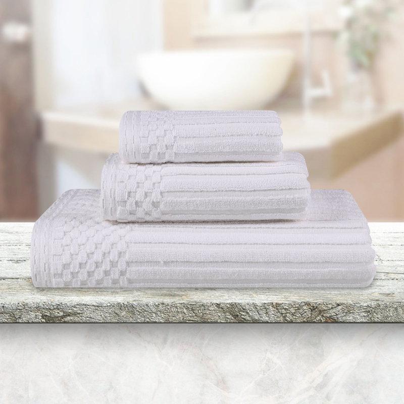 Kaelea Soho Cotton Ribbed Checkered Border Medium Weight 3 Piece Assorted Bathroom Towel Set, White, 3 Piece Towel set