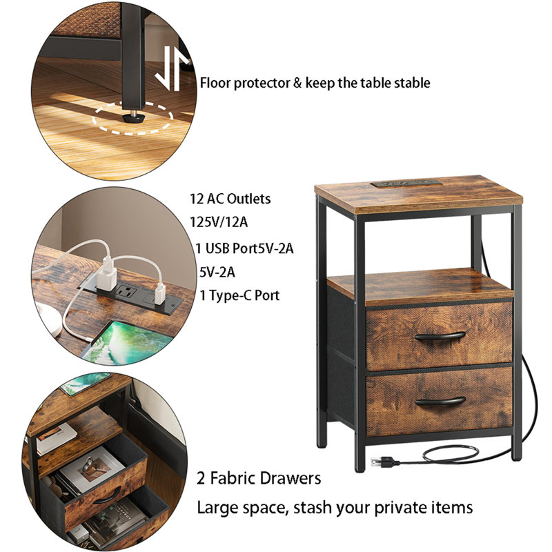 Charging Bedside Table With Drawers, Brown