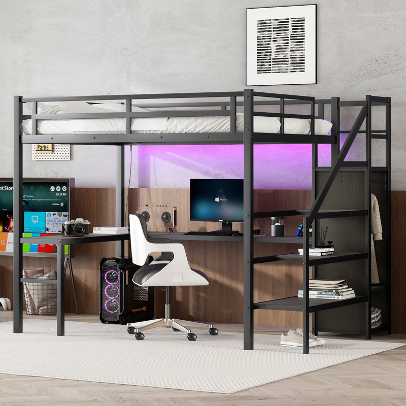 Twin XL Metal Loft Bed with L-Shaped Desk, USB, Wardrobe, Adjustable Shelf & LED Light, Black Space-Saving Bed