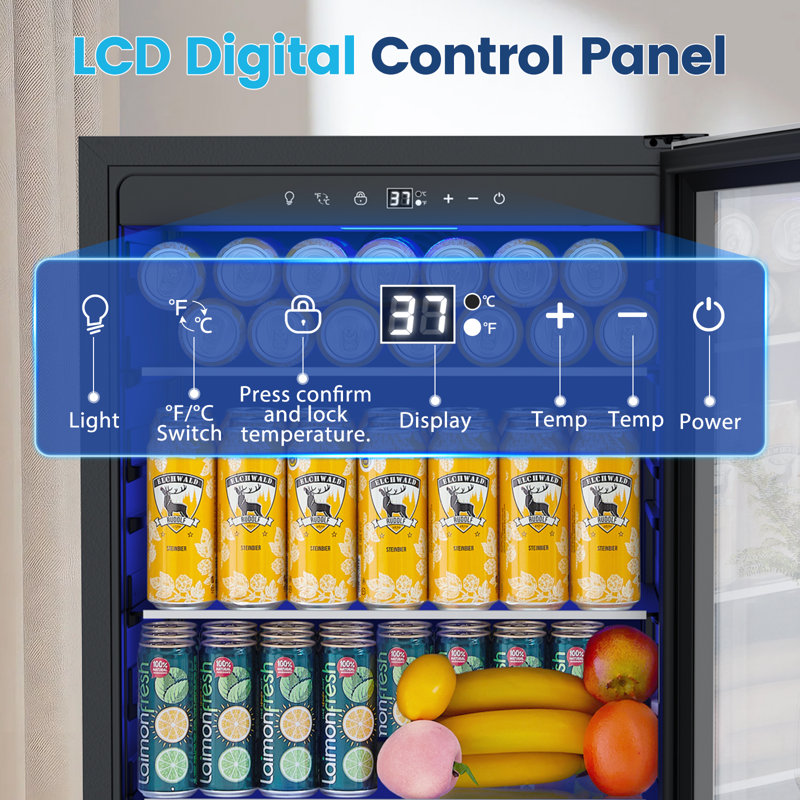 24" Beverage Refrigerator, 200-Can Capacity, Built-In/Freestanding, Glass Shelves, Dual Handle Options, Reversible Door & Safety Lock