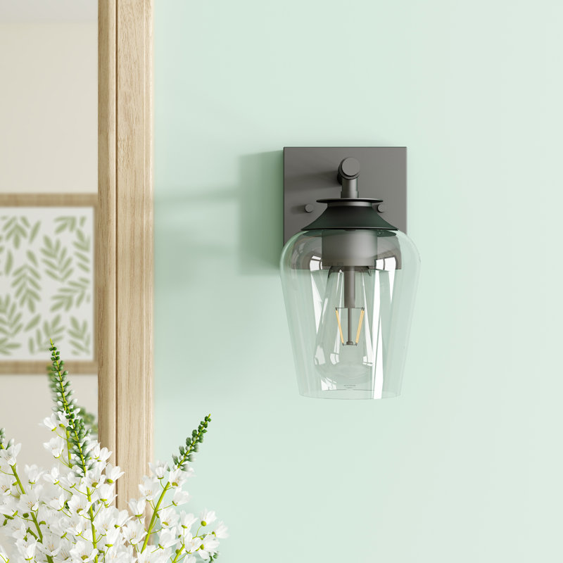 Epone 1-Light Farmhouse Dimmable Flush Mounted Wall Sconce in Matte Black with Clear Glass Shade