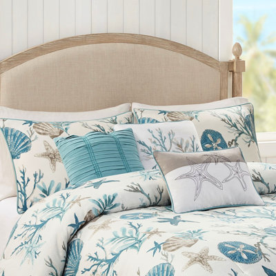 Ensemble d'édredon en coton 7 pièces - motif côtier avec coquillages imprimés, étoile de mer, coraux, sarcelle, ensemble avec style
