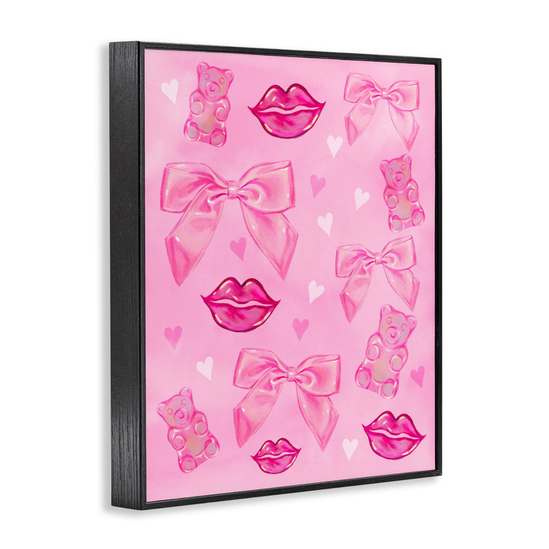 «Lips Bows & Bears» sur giclée rose encadrée, design par Ziwei Li, Giclée encadrée noir minuit, H 30 po x l 24 po