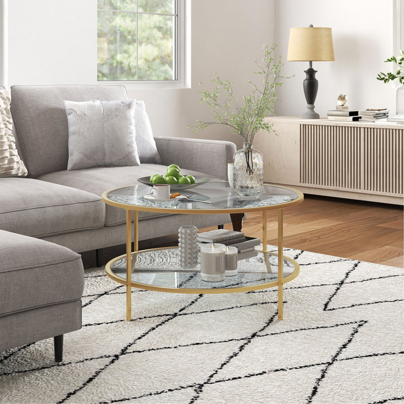 Bupe Glass Top Single Coffee Table, Gold, 16.9"H x 36"W x 36"D