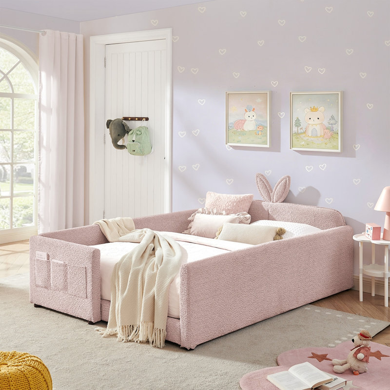Lit plateforme double tapissier, Rose