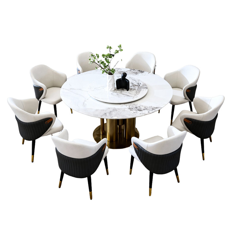 Table de cuisine ronde 59 po 59 po, paresseux à 360 degrés, pierre frittée résistante aux taches et aux chocs, luxe américain, 8 places, table de salle à manger blanc doré avec plateau tournant en pierre, espace compact, design,