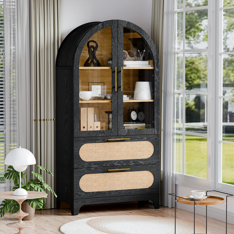 Modern Arched Storage Cabinet With Rattan Drawers And Glass Doors, 3-Tier Display Hutch With 2 Large Storage Drawers