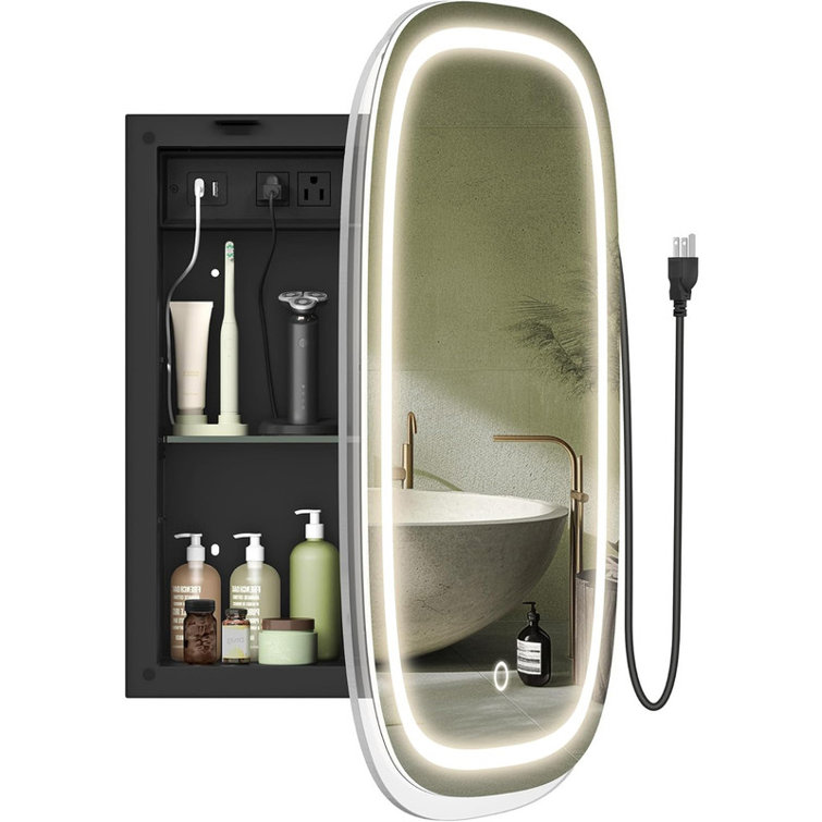 Medicine Cabinet with Mirror and Lights, Wall-Mounted Bathroom Wall Cabinet with Charging Station, 2 AC Outlets