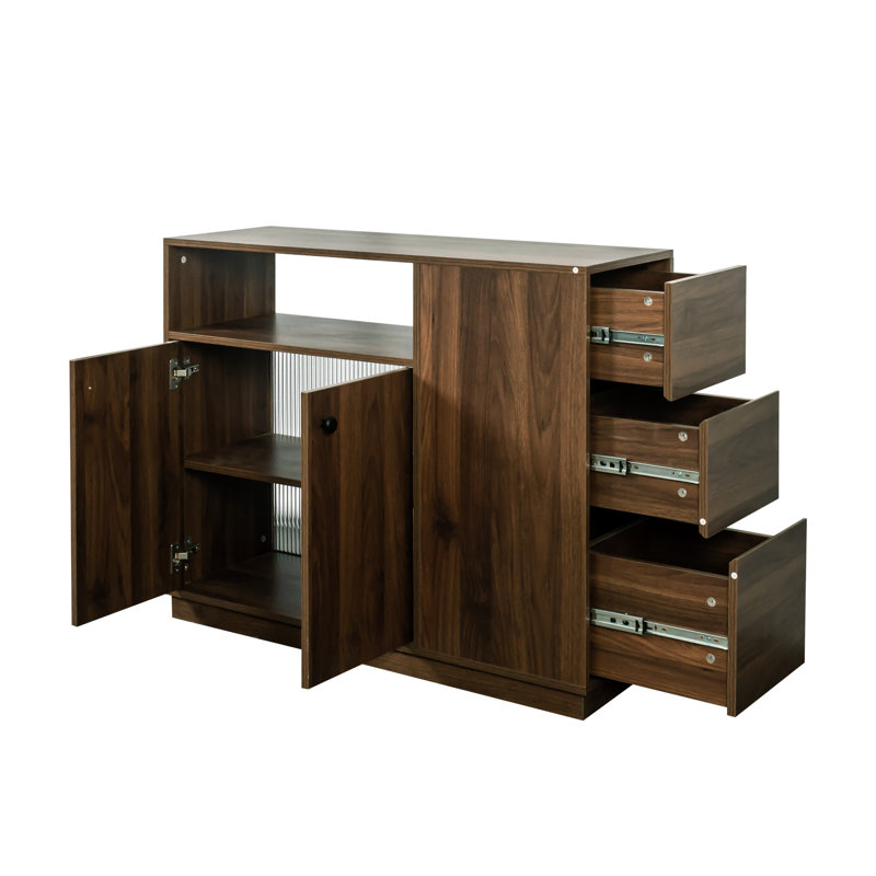 Armoire de table pour la cuisine et le garage, comprenant 2 portes coulissantes en verre, 3 tiroirs latéraux, un espace efficace et élégant, un panneau de particules de 15 mm de 3 mm, un buffet de rangement de poids de 86,32 lb, des portes, un