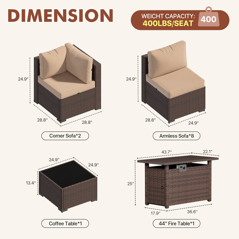 Caradog Wicker 6 - Person Patio Conversation Sets with Cushions, Coffee Table and 44" Fire Pit Table