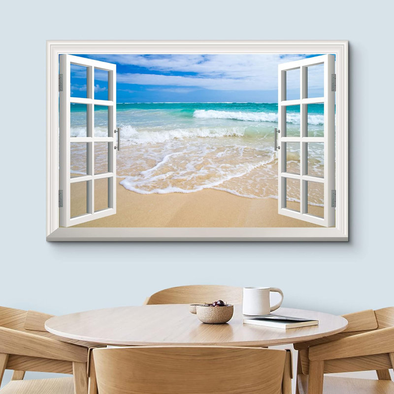 Window Scenery " White Waves On The Beach ", 12" H x 18" W