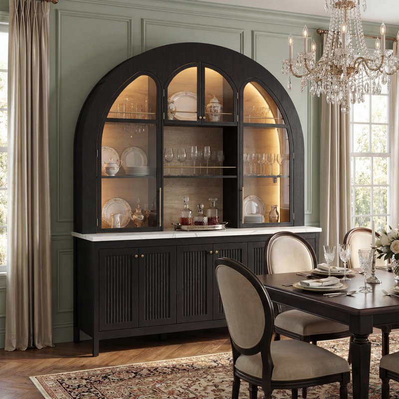 63" W Kitchen Pantry With Arched Huttch, Black